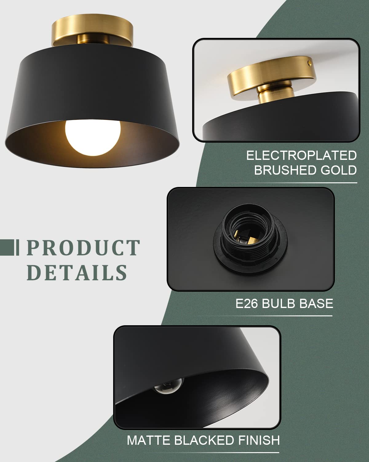 Ceiling Light Fixture, Hallway Ceiling Light with Gold Plate and Matte Black Shade, Modern Simple Style Porch Light Fixtures Semi Flush Mount (Black)