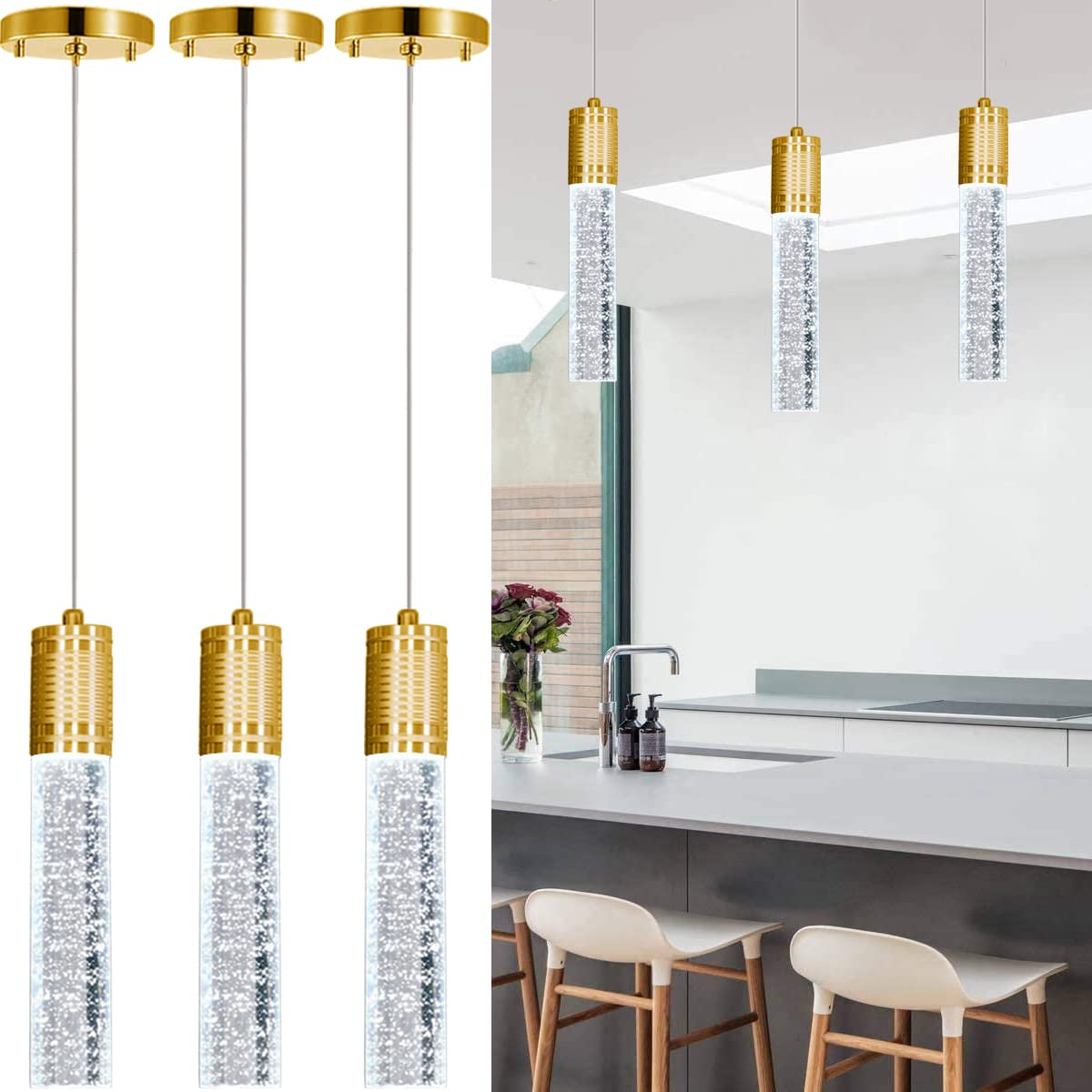 3 Lights Independent Kitchen Island Dining Room Light Pendant Light Fixtures Bubble Crystal Chandeliers Modern Kitchen Island Lighting Chandeliers Fixtures LED Lampara, 6000K LED Bulbs Included