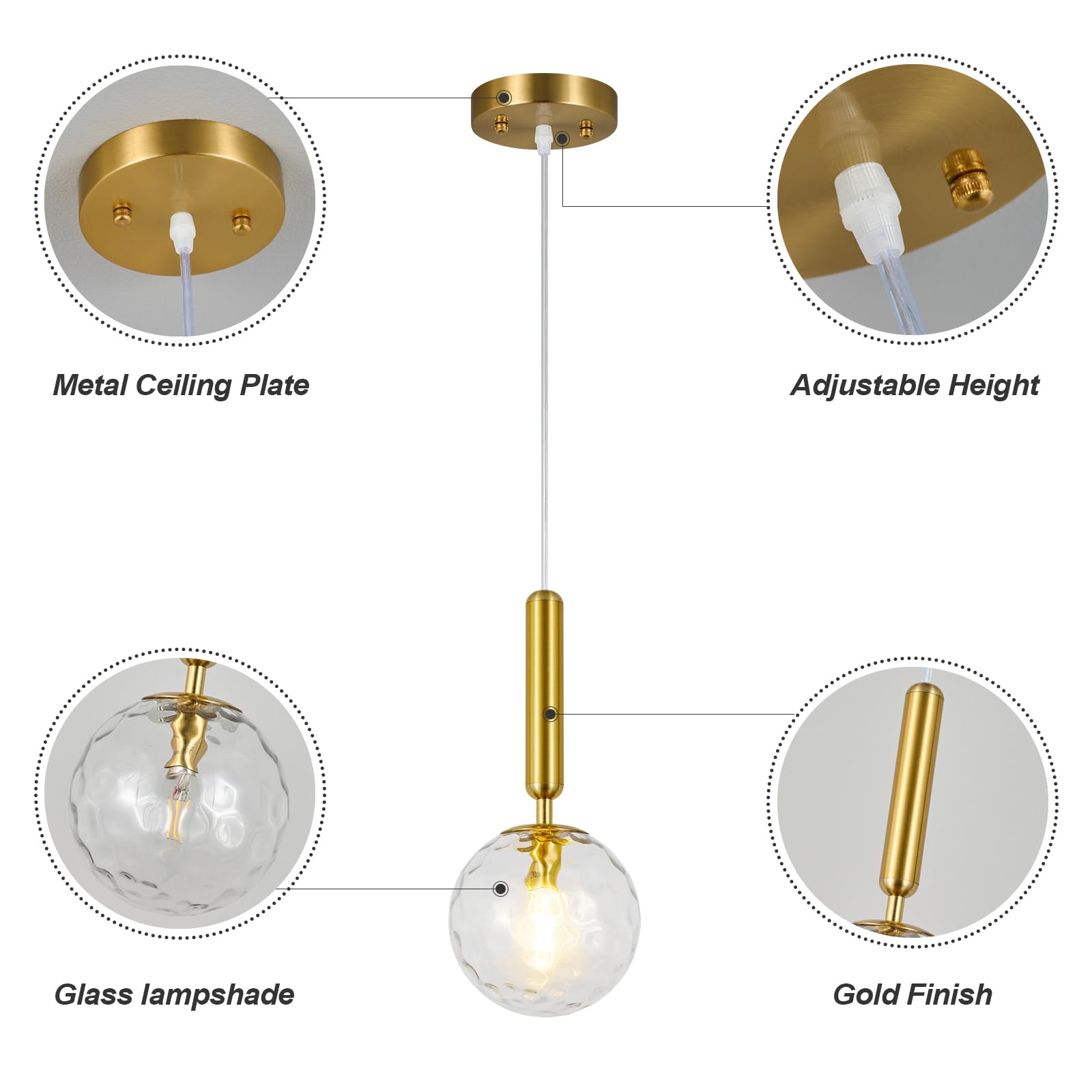 Mid Century Globe Pendant Light with Clear Glass for Kitchen Island Modern Gold Finish Hanging Light Fixture Retro Round Pendant Lighting for Living Room Bedroom Entryway(3-Light)