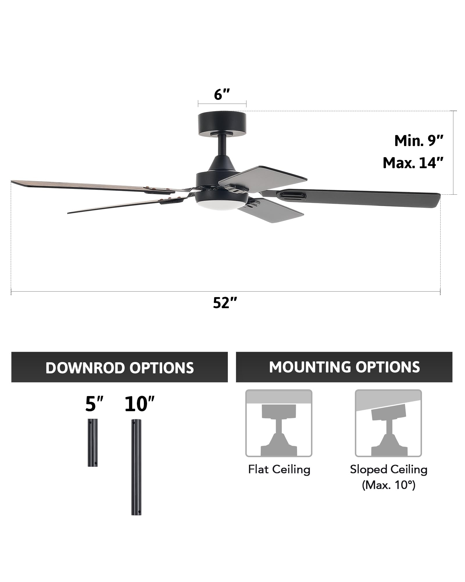 Ceiling Fans with Lights and Remote, 52" Ceiling Fan with 5 Blades, 6-Speeds Noiseless Reversible DC Motor for Farmhouse Bedroom Indoor, Black