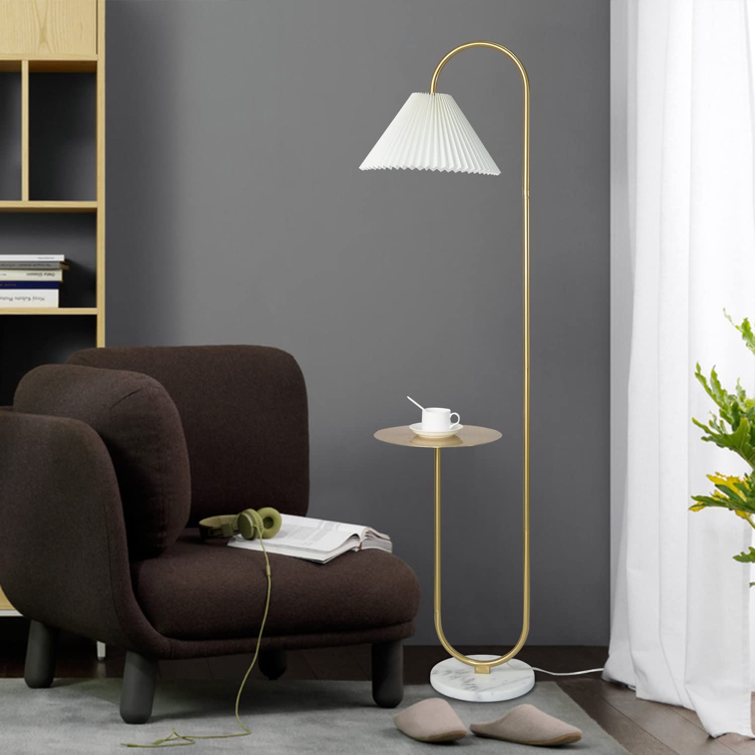 Modern Elegant with Tray Floor Lamp for Office Cafe Den Living Room Bedroom, Foot Switch and Brass/Gold Finish,Light Yellow Pleated Cloth Lampshade