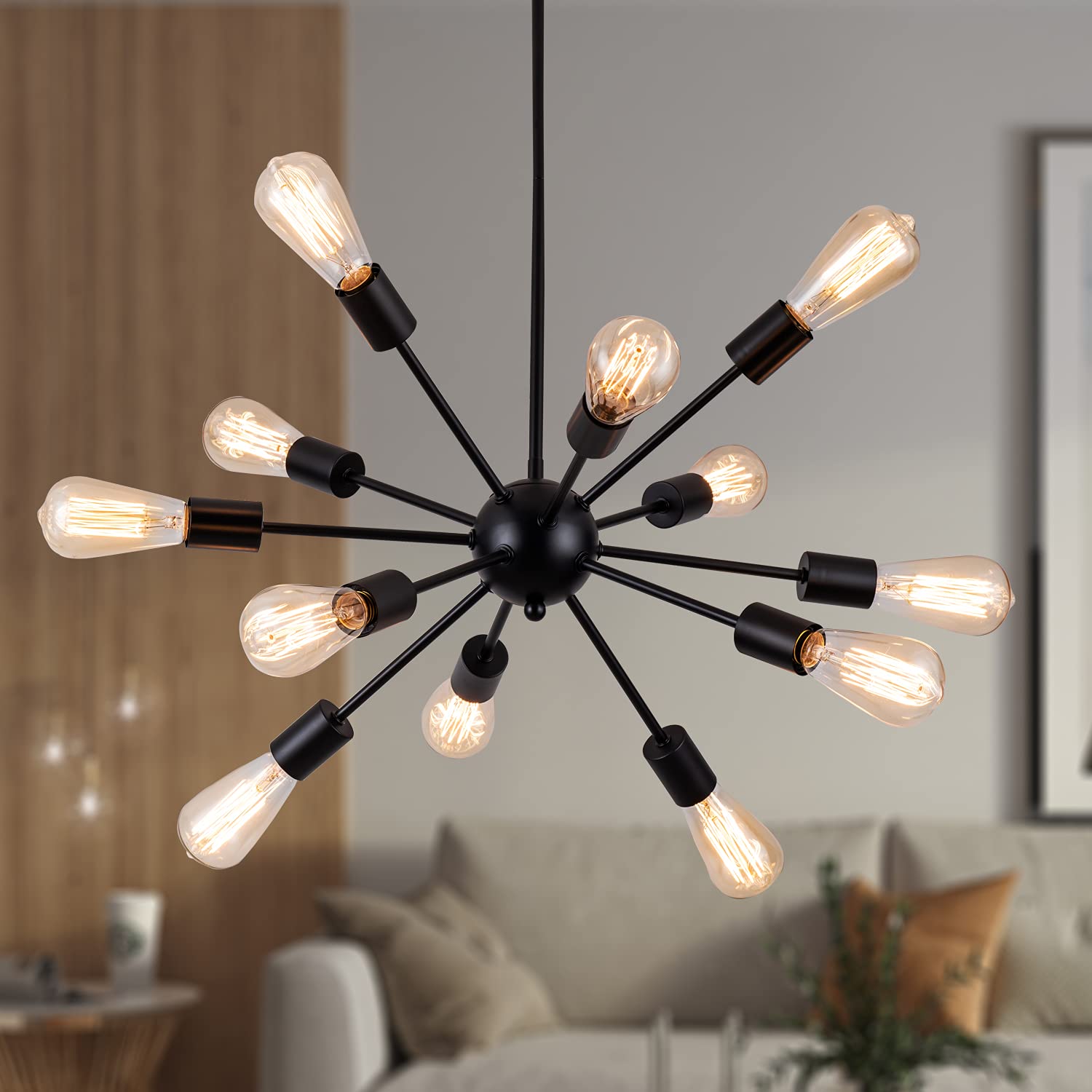 Sputnik Chandeliers Black, Modern 12-Light Farmhouse Pendant Light Mid Century Lighting Vintage Industrial Ceiling Hanging for Living Dining Room, Bedroom, Kitchen Island, Foyer