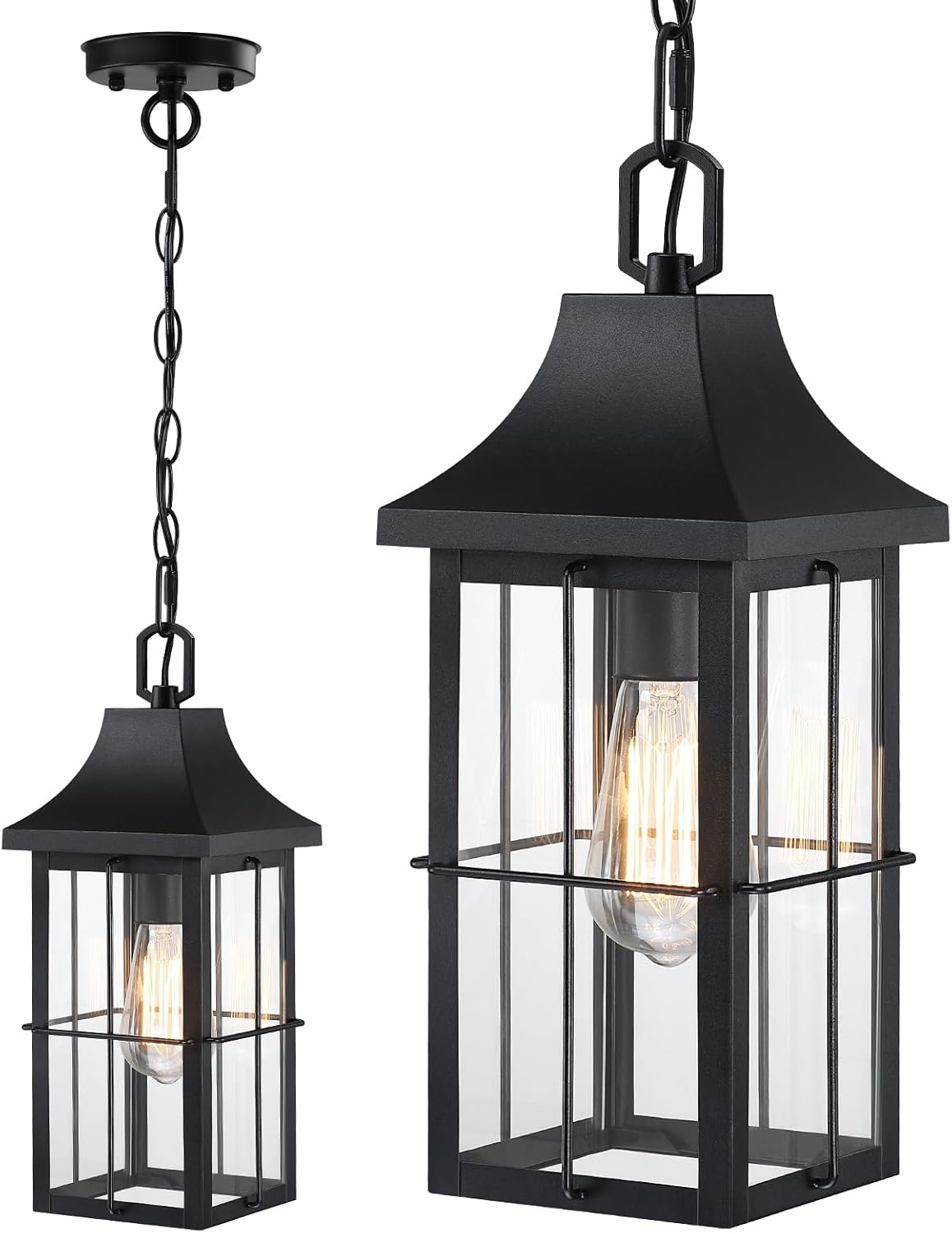 Large Outdoor Pendant Light 1 Pack, 16'' Modern Exterior Hanging Light Fixture with Clear Glass, Farmhouse Black Metal Outside Chandelier for Patio Front Porch Foyer Entryway, E26 Socket