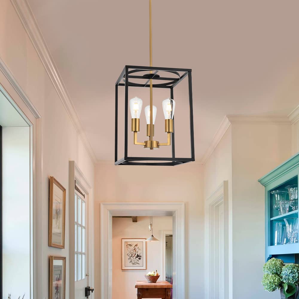 Modern 4 Light Farmhouse Chandelier Gold Linear Kitchen Island Pendant Light Traditional Rectangular Dining Room Lighting Fixture Hanging Metal Cage Pendant Lamp for Hallway Foyer