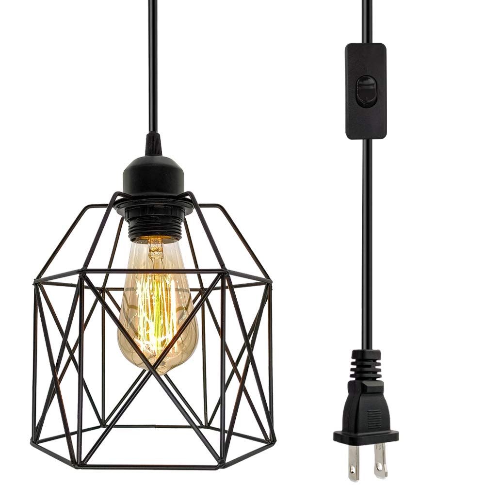 Industrial Plug in Pendant Light, Black Cage Pendant Light Fixture with On/Off Switch, E26 Socket Vintage Hanging Light, Farmhouse Pendant Lighting for Kitchen Living Room Dining Room