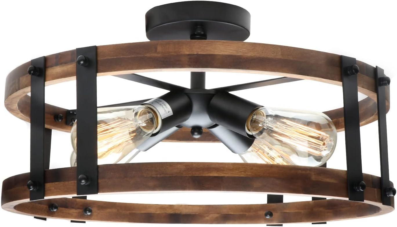 Semi Flush Mount Ceiling Light Fixture, Modern Farmhouse Wood Drum Ceiling Lamp, Rustic Close to Ceiling Lighting for Hallway Entryway Laundry Room Bedroom