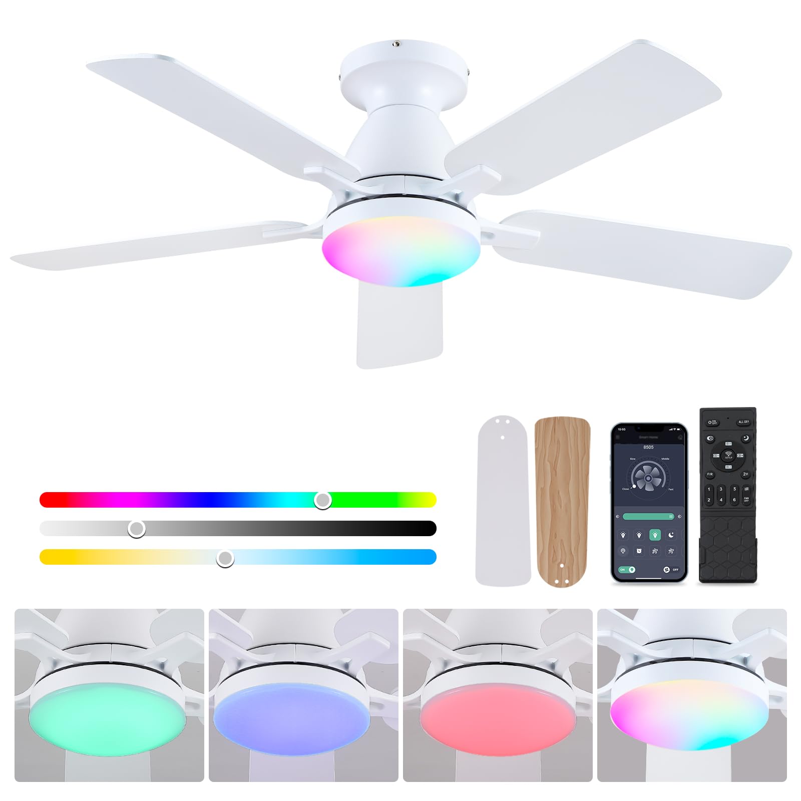 Ceiling Fans with Lights- 46"Low Profile Indoor Ceiling Fan with Light and Remote/APP Control, Flush Mount, LED Dimmable DC Reversible Modern Ceiling Fan for Bedroom（Black）