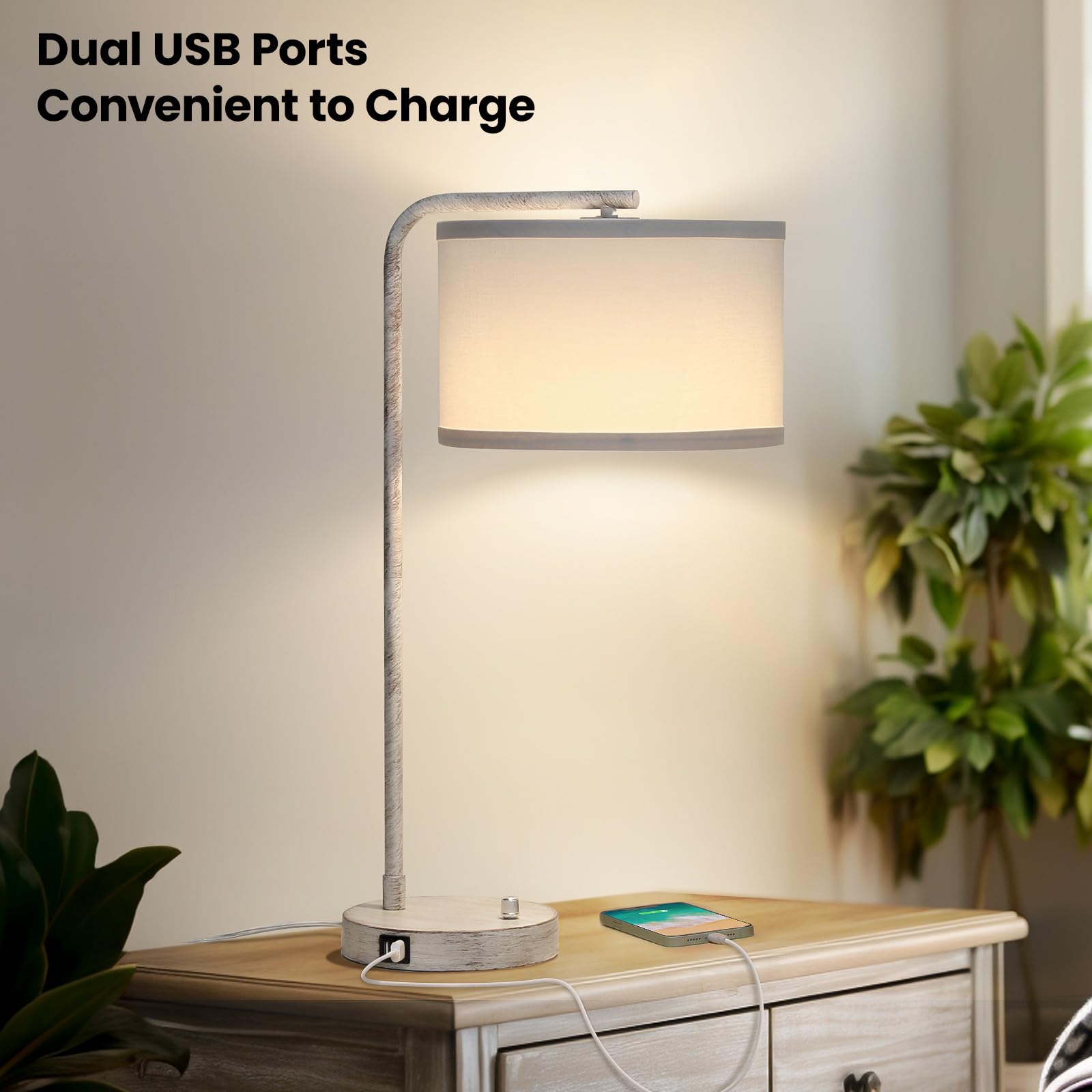 USB Bedside Lamp, Industrial Side Table Lamp with Dual USB Charging Ports, Fully Dimmable Nightstand Lamp, Tall Reading Lamp Desk Lamp for Bedroom, Living Room, Office, 9W LED Bulb Included