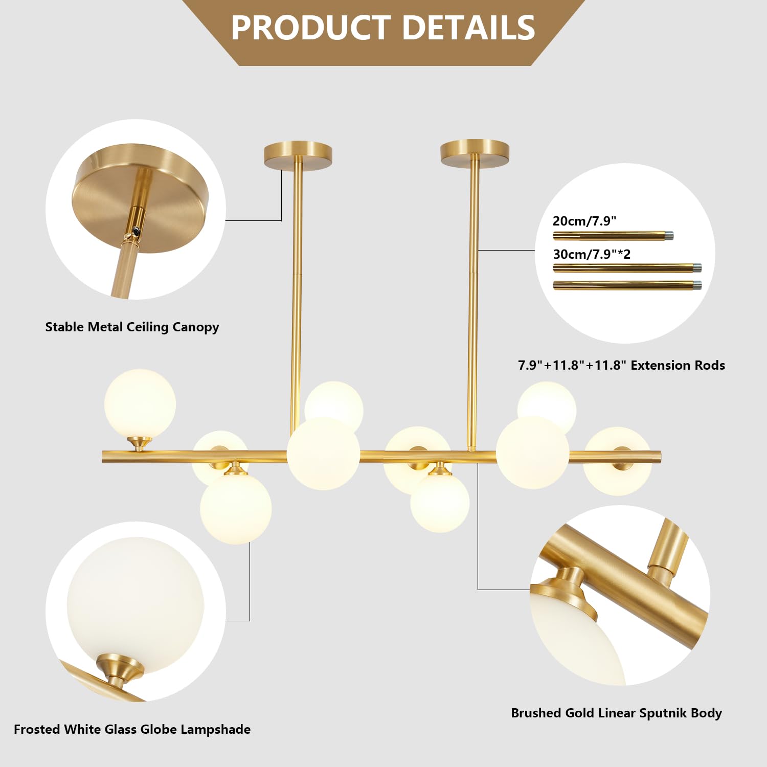 BOKT Modern Gold Chandelier 7-Lights Frosted Glass Globe Pendant Light Kitchen Island Linear Hanging Lighting Fixtures for Living Room Bedroom Dining Room Corridor