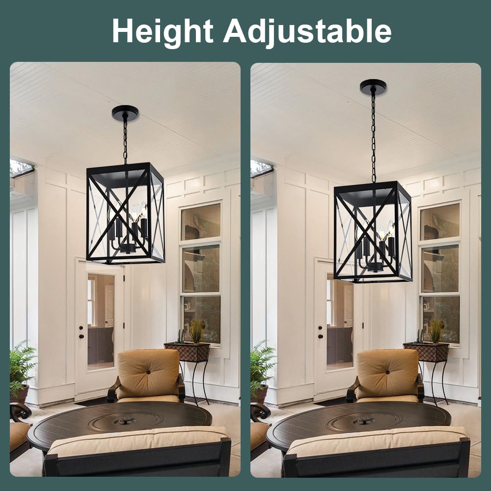 Black Outdoor Pendant Light 4-Light Outside Pendant Hanging Light Fixture Ceiling Mount with Clear Glass Industrial Hanging Cage Chandelier for Porch,Entryway,Doorway,Farmhouse