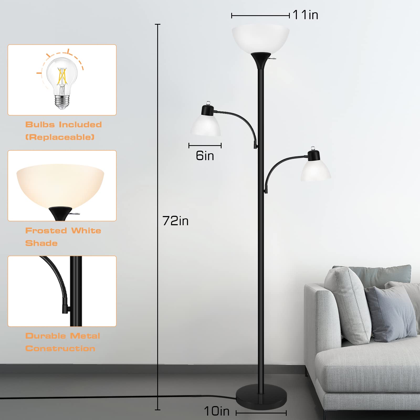 Floor Lamps for Living Room, 72" Tall Standing Lamps, Torchiere Lamp with 8W Adjustable Reading Lights, Modern Bright Floor Lamp for Bedroom, Office, Dresser, Gold&White, Bulbs Included