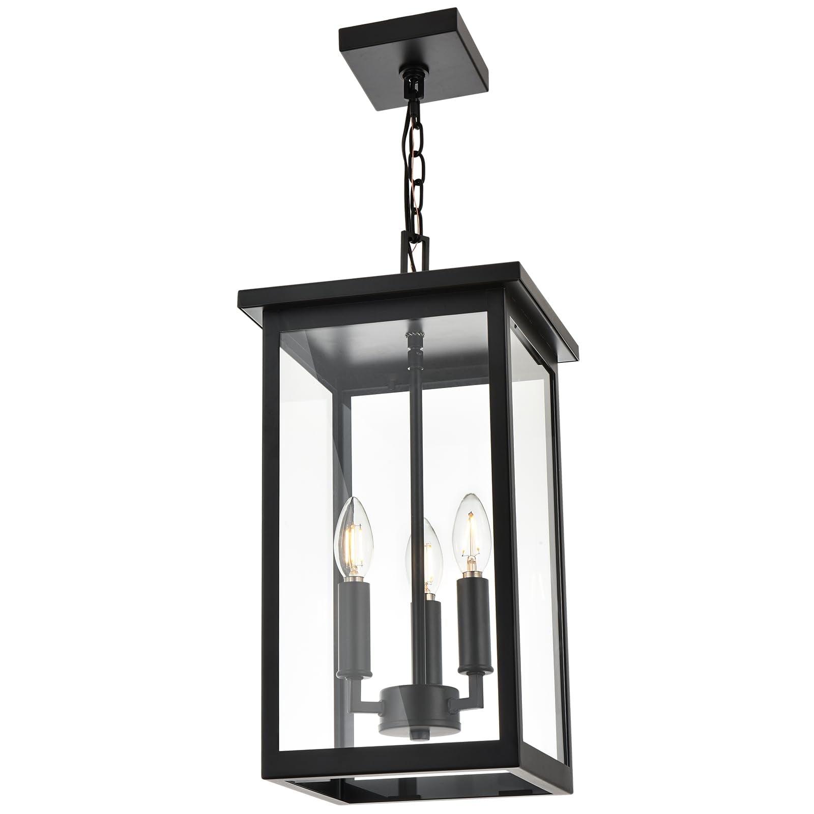 3-Lights Large Outdoor Pendant Lighting Clear Glass, Ceiling Porch Light Fxitures Adjustable Chain for Foyer Patio, Exterior Hanging Lantern Lamp, E12 Bulb Base, Black & Bruhed Brass