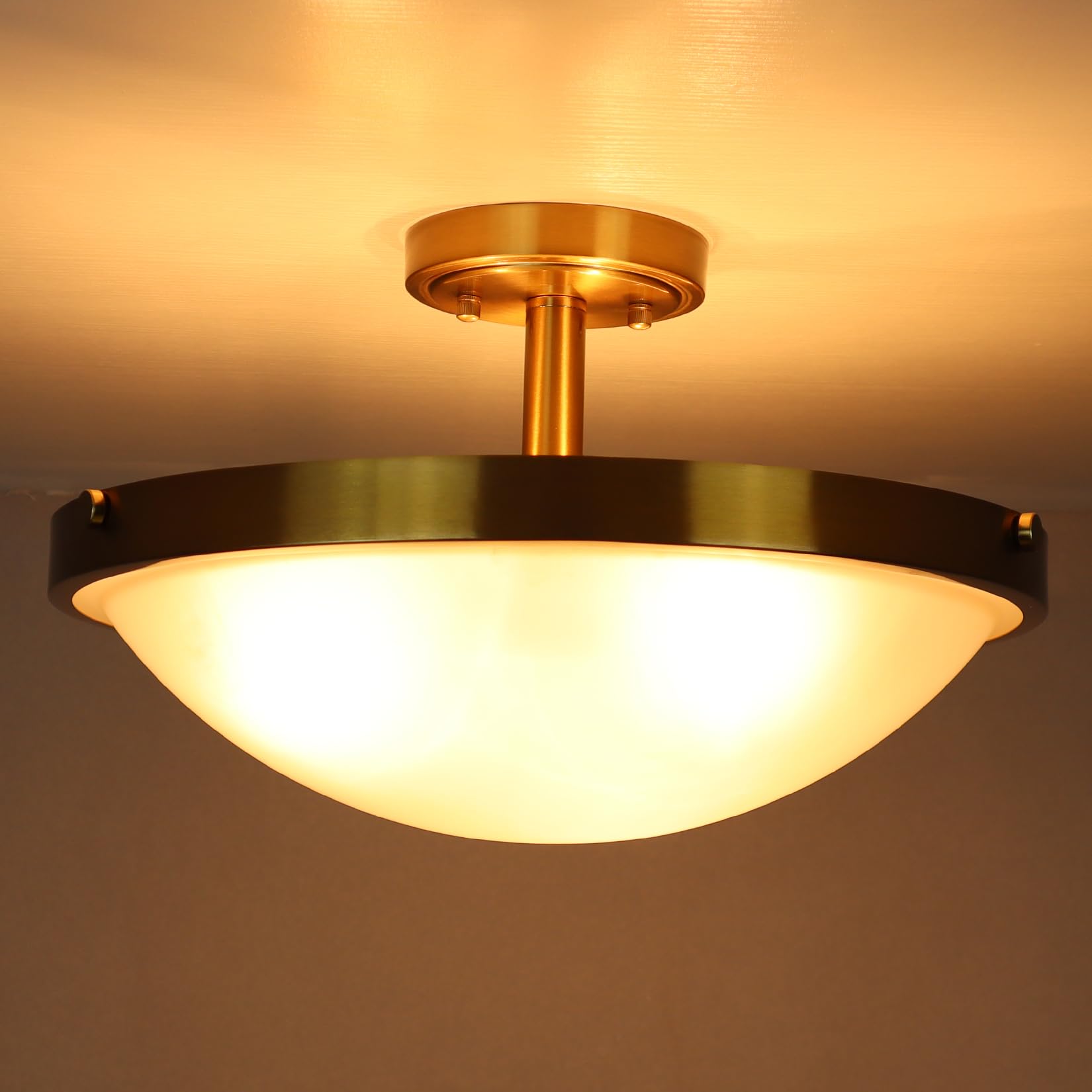 16-Inch Gold Semi Flush Mount Ceiling Light Mid Century Modern 3-Light Milk Glass Ceiling Light Brass Flush Mount Light Fixtures for Bedroom Hallway Staircase