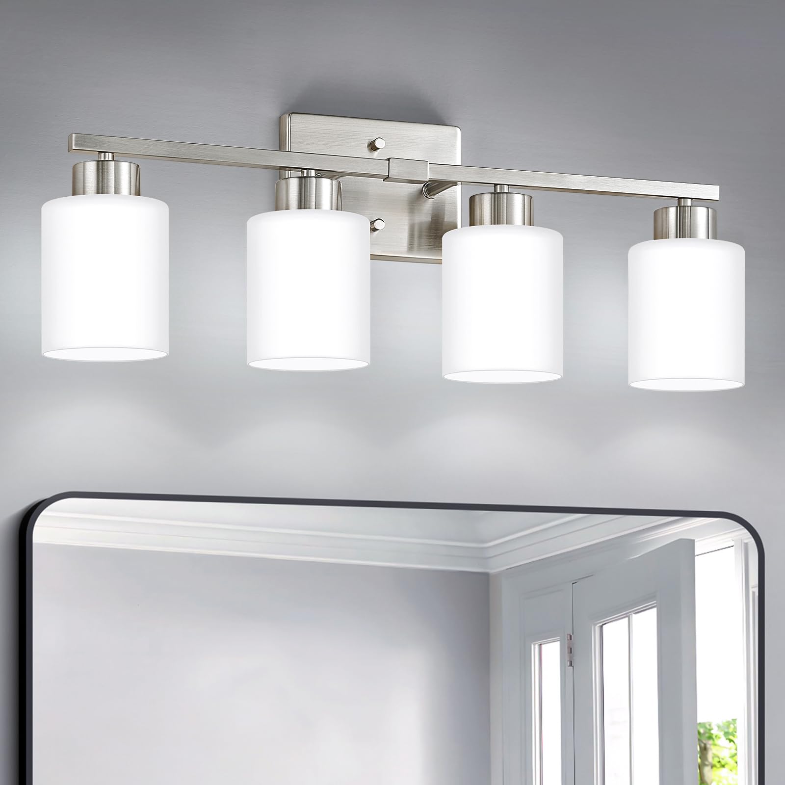 Brushed Nickel Bathroom Light Fixtures, 3-Light Modern Vanity Light Over Mirror, Wall Sconces with Milky White Frosted Glass Shades, E26 Socket (Bulbs Not Included)