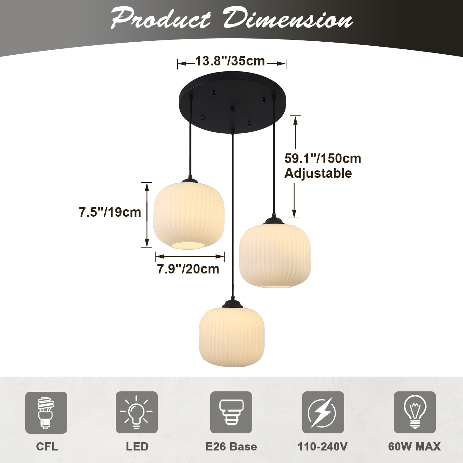 3-Light Cluster Pendant Hanging Lights Black Globe Chandelier Light Fixture Large Milk Glass Cluster Pendant Lights Mid Century Modern Multi Light Pendant Lighting Kitchen Island