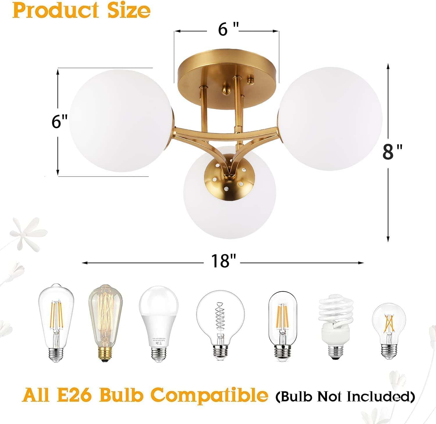 Mid Century Modern Ceiling Light Clear Globe Semi Flush Mount Ceiling Light Gold Sputnik Light Fixture Chandeliers Clear Glass Brushed Brass Chandeliers Living Room Dining Room Bedroom 3 Lights