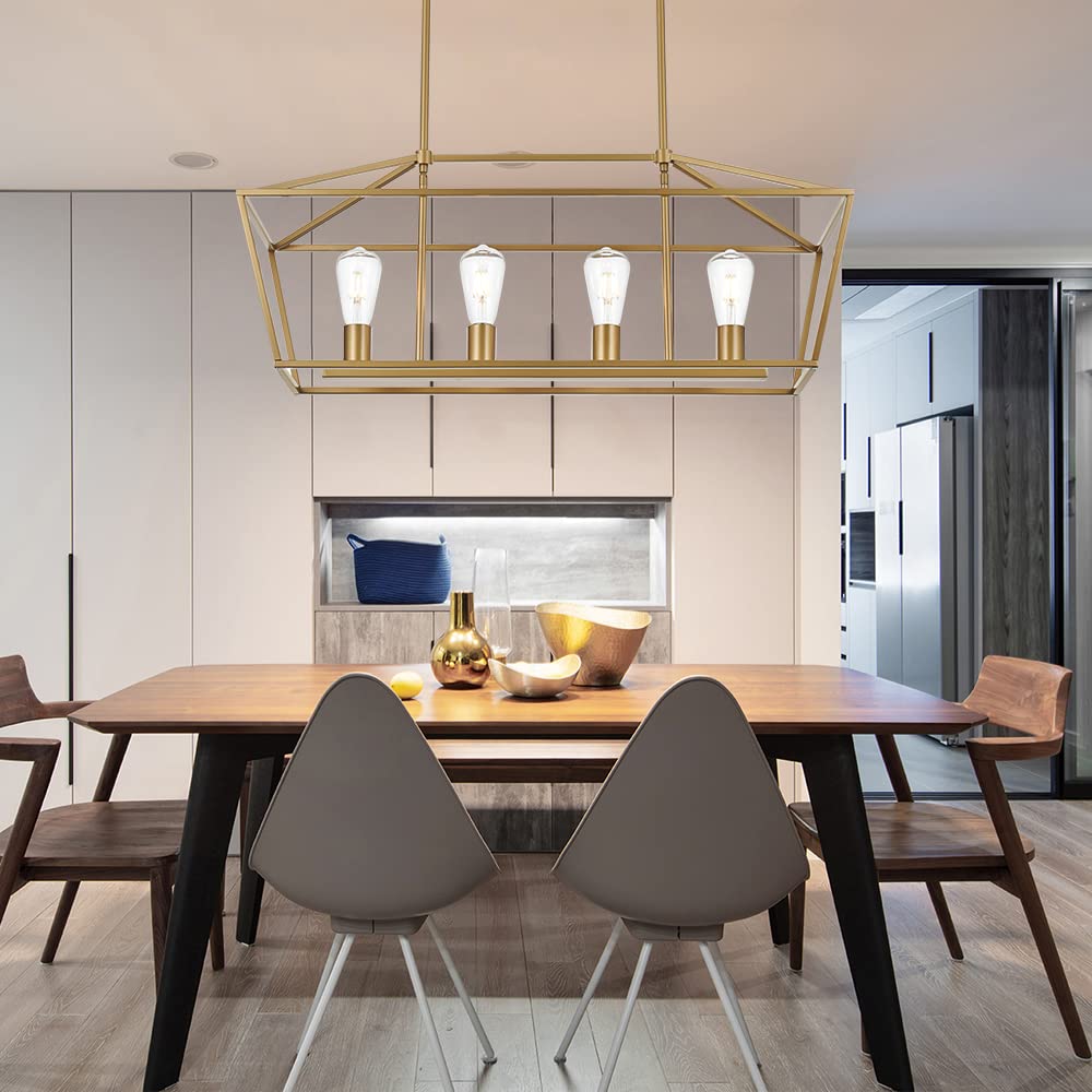 Modern 4 Light Farmhouse Chandelier Gold Linear Kitchen Island Pendant Light Traditional Rectangular Dining Room Lighting Fixture Hanging Metal Cage Pendant Lamp for Hallway Foyer