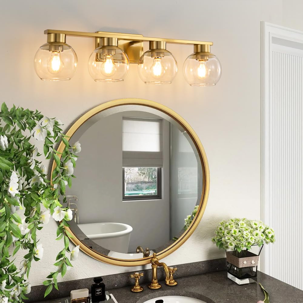 2 Light Black and Gold Vanity Lights for Bathroom Light Fixtures Over Mirror 13.7 in Clear Glass Shade Industrial Wall Sconce