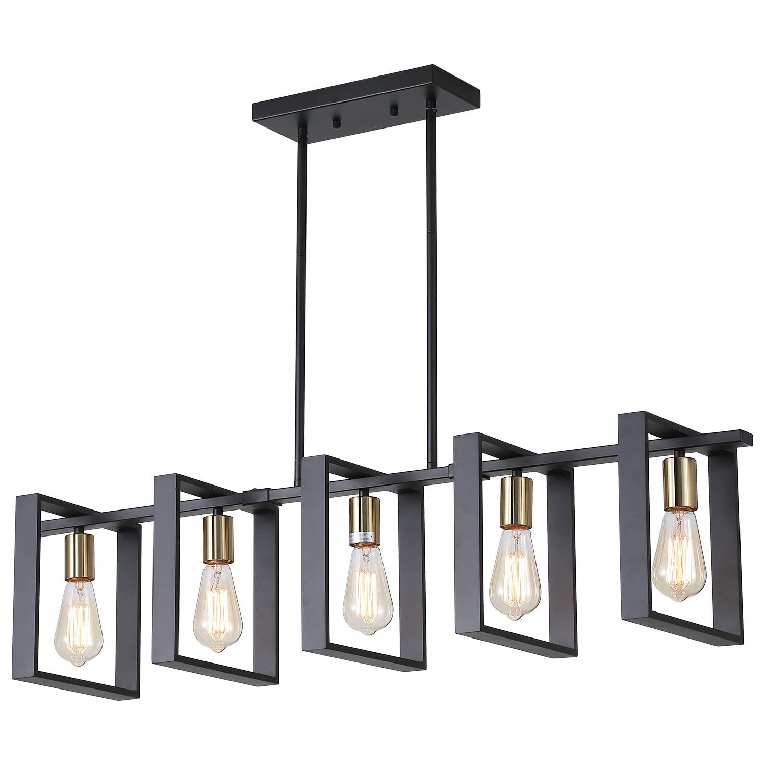 9MMML 3 Lights Kitchen Island Lighting, Modern Rectangle Linear Pendant Light, Black Frame+ Gold Socket Chandelier for Dining &Living Room Foyer Entryway Hallway,E26,Height Adjustable.