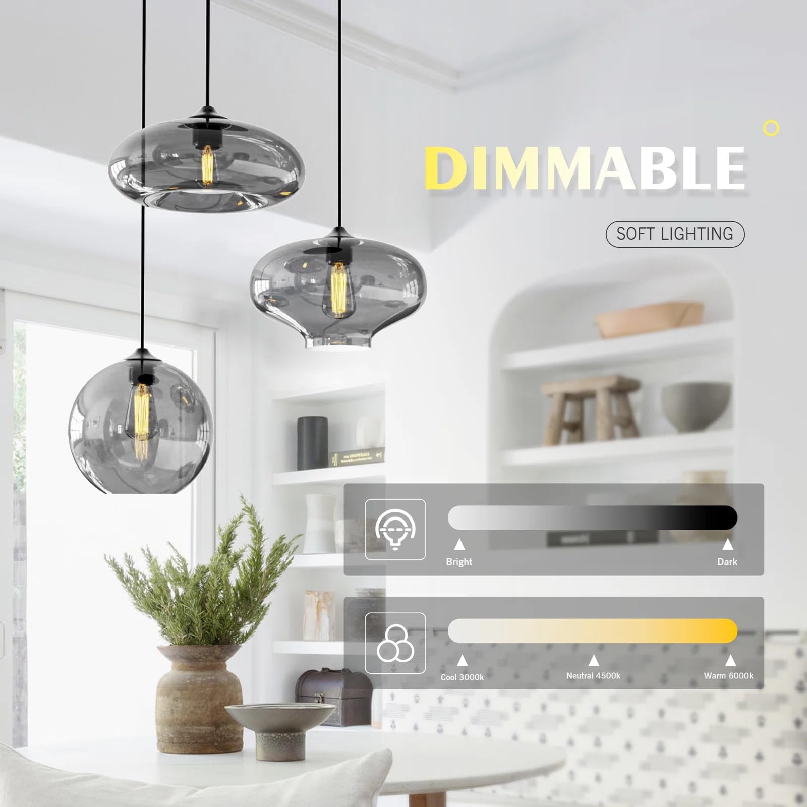 Modern 3 Lights Glass Pendant Light Smoky Gray Glass Globe Cluster Chandelier Lighting Fixtures Black Adjustable Kitchen Island Hanging Pendant Lighting Nordic Multi Lights Pendant Lamp