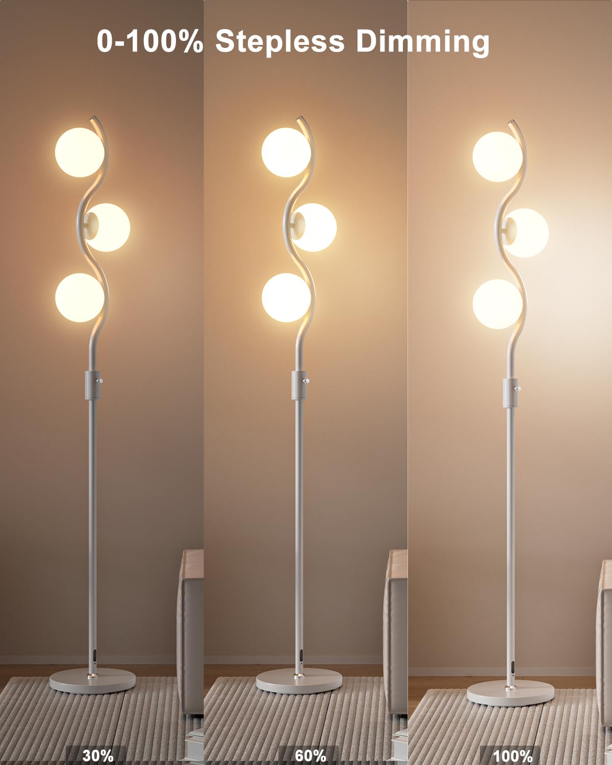 Dimmable Globe Floor Lamp, Gold Standing Lamps with 4PCS 3000K G9 Bulbs Soft Warm White Eye Care, Mid Century Modern Floor Lamp for Living Room