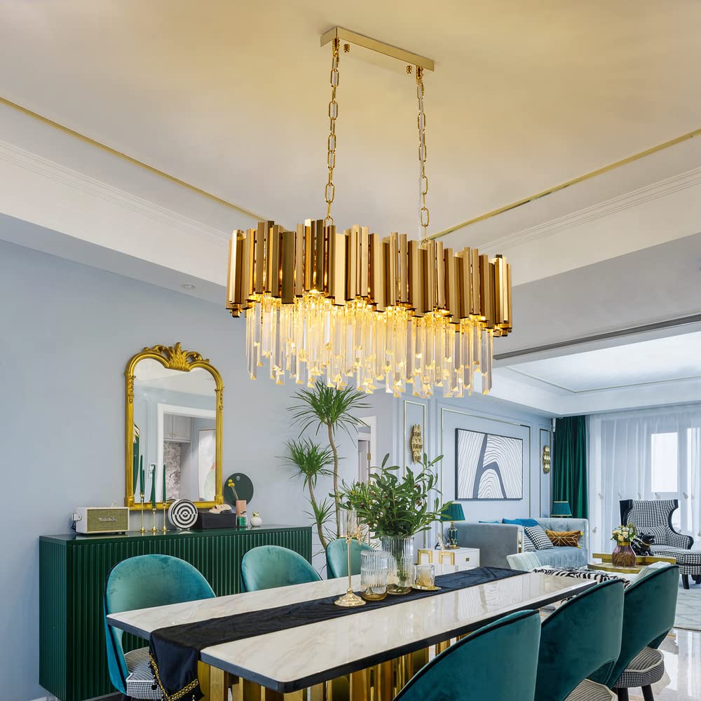 Modern K9 Crystal Pendant Lighting, Round Gold Crystal Chandelier Contemporary Luxury Pendant Ceiling Lighting Fixture for Dining Living Room Kitchen Island, Antique Gold