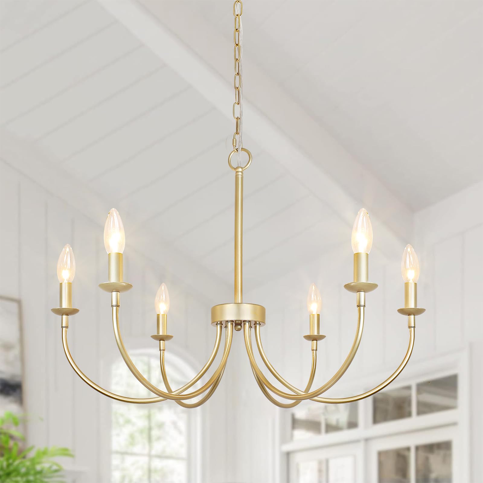 Chandelier, 6-Light Antique White Farmhouse Chandelier for Dining Room Lighting Fixtures Hanging, Candle Hanging Pendant Lights for Kitchen Living Room Bedroom Foyer