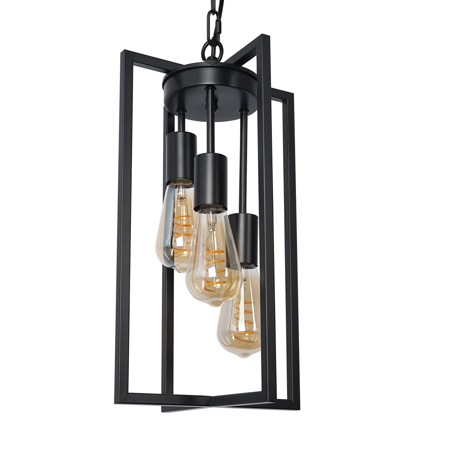 Modern Black Industrial Farmhouse Pendant Lighting, Rectangle Metal Cage Chandelier Hanging Light Fixture for Kitchen Island, Dining Room, Entryway, Hallway (3-Light)