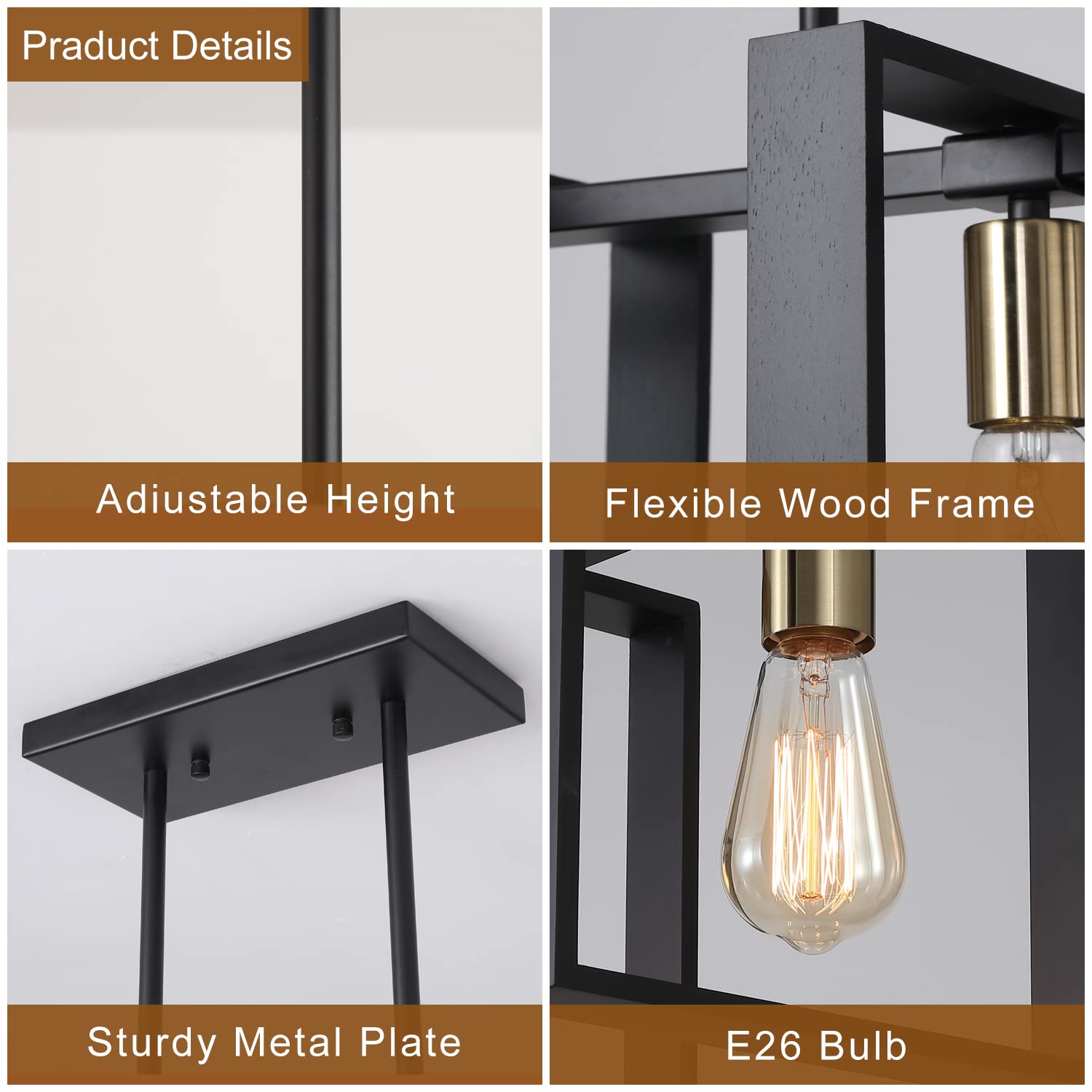 9MMML 3 Lights Kitchen Island Lighting, Modern Rectangle Linear Pendant Light, Black Frame+ Gold Socket Chandelier for Dining &Living Room Foyer Entryway Hallway,E26,Height Adjustable.