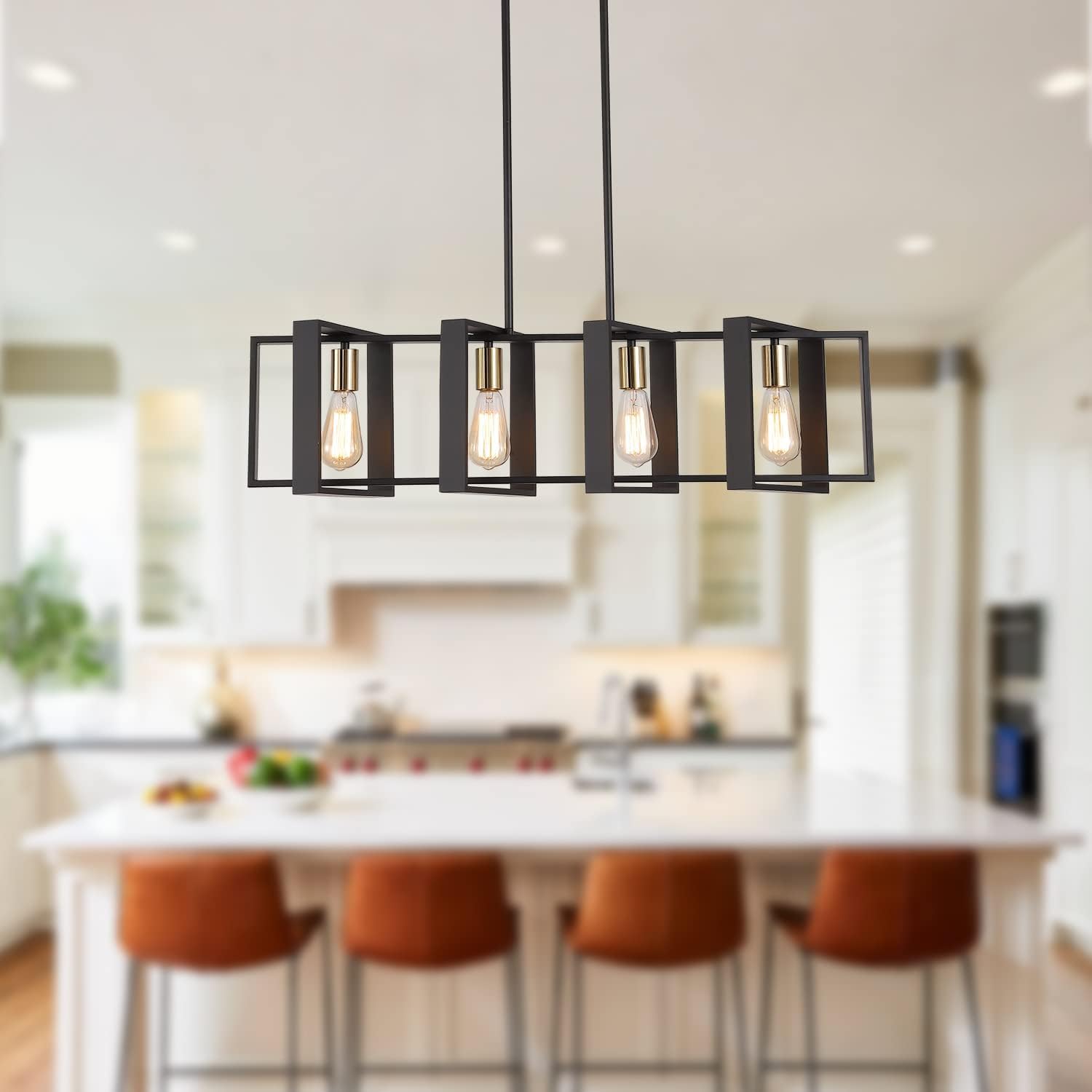 9MMML 3 Lights Kitchen Island Lighting, Modern Rectangle Linear Pendant Light, Black Frame+ Gold Socket Chandelier for Dining &Living Room Foyer Entryway Hallway,E26,Height Adjustable.