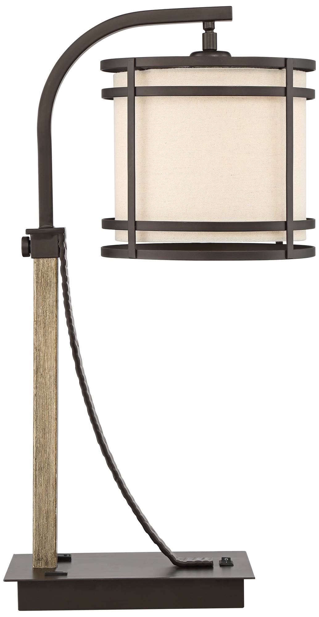 Industrial Desk Table Lamp 22" High with USB and AC Power Outlet in Base Oil Rubbed Bronze Faux Wood Metal Cage Oatmeal Drum Shade for Bedroom Living Room House Desk