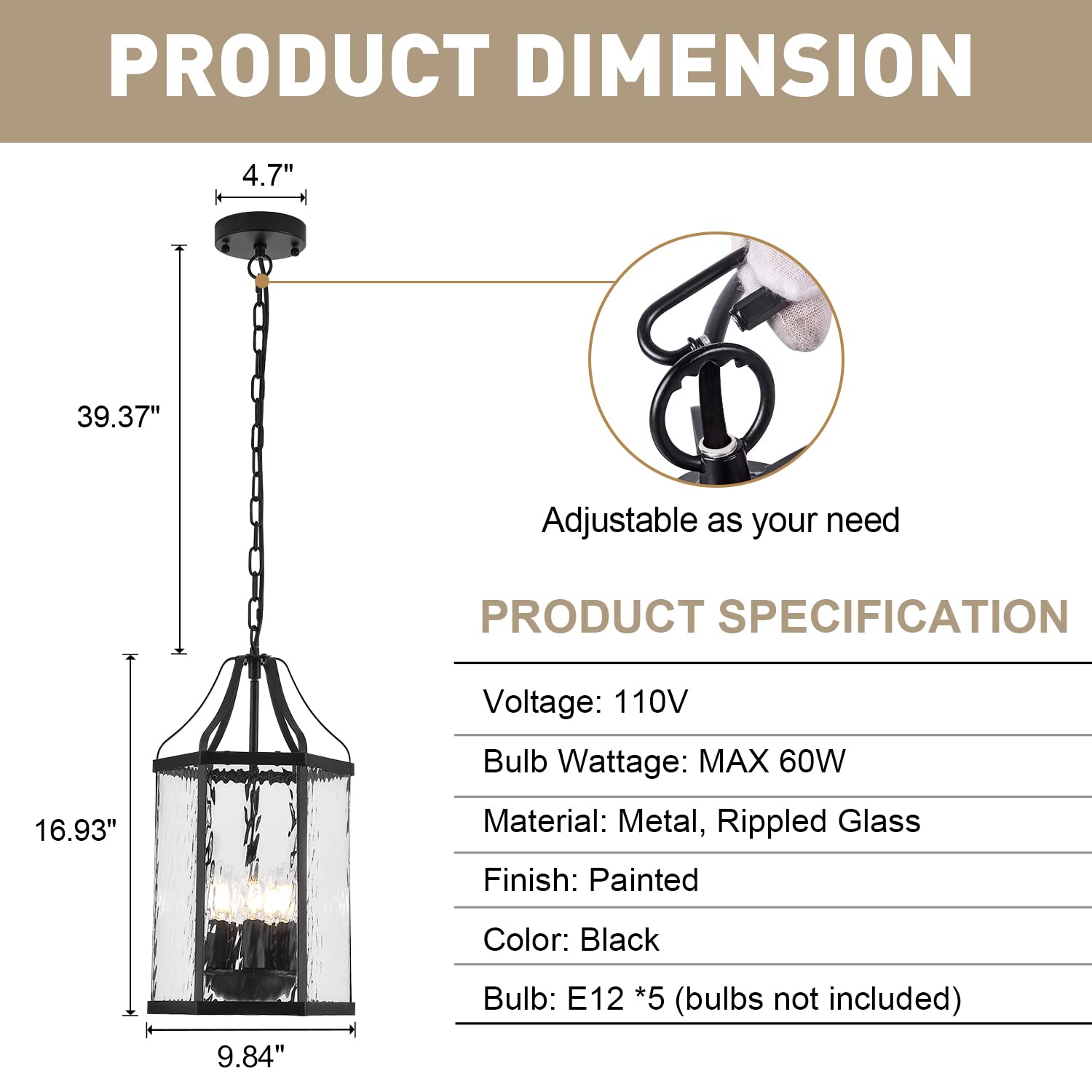 8" Modern 3-Light Exterior Black Lantern Pendant Light Fixture with Clear Rippled Glass Mini Industrial Hanging Cage Chandelier for Outdoor Kitchen Dining Room Hallway Entryway Foyer Porch