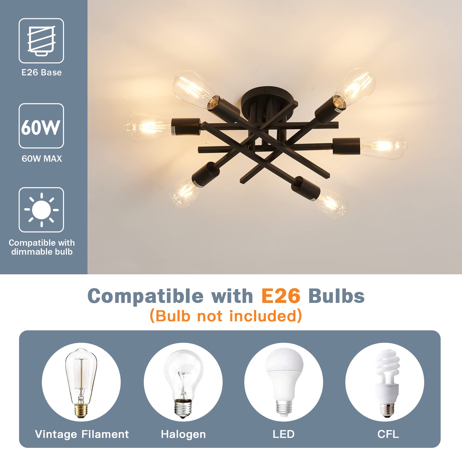 Semi Flush Mount Modern Ceiling Light Fixture， 6 Lights Black Vintage Matte Sputnik Chandelier Ceiling Lamp with E26 Bulb Base for Farmhouse Dining Room Living Room Bedroom Study Kitchen