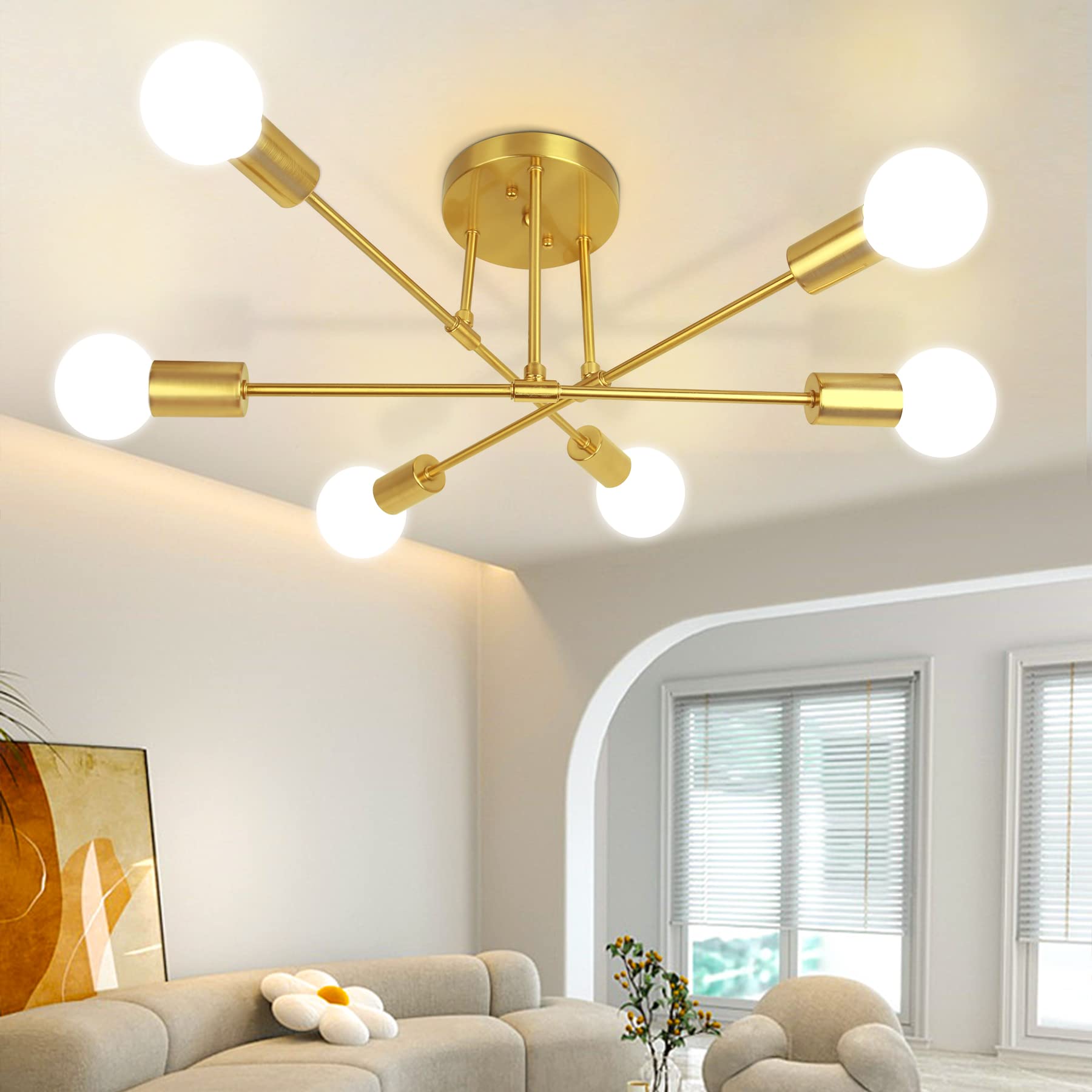 Modern Sputnik Chandelier, Ceiling Light Fixture Flush Mount 6-Lights Gold Chandeliers for Living Room Bedroom Dining Room Kitchen, Mid Century Chandeliers, E26 Base, Bulbs Not Included