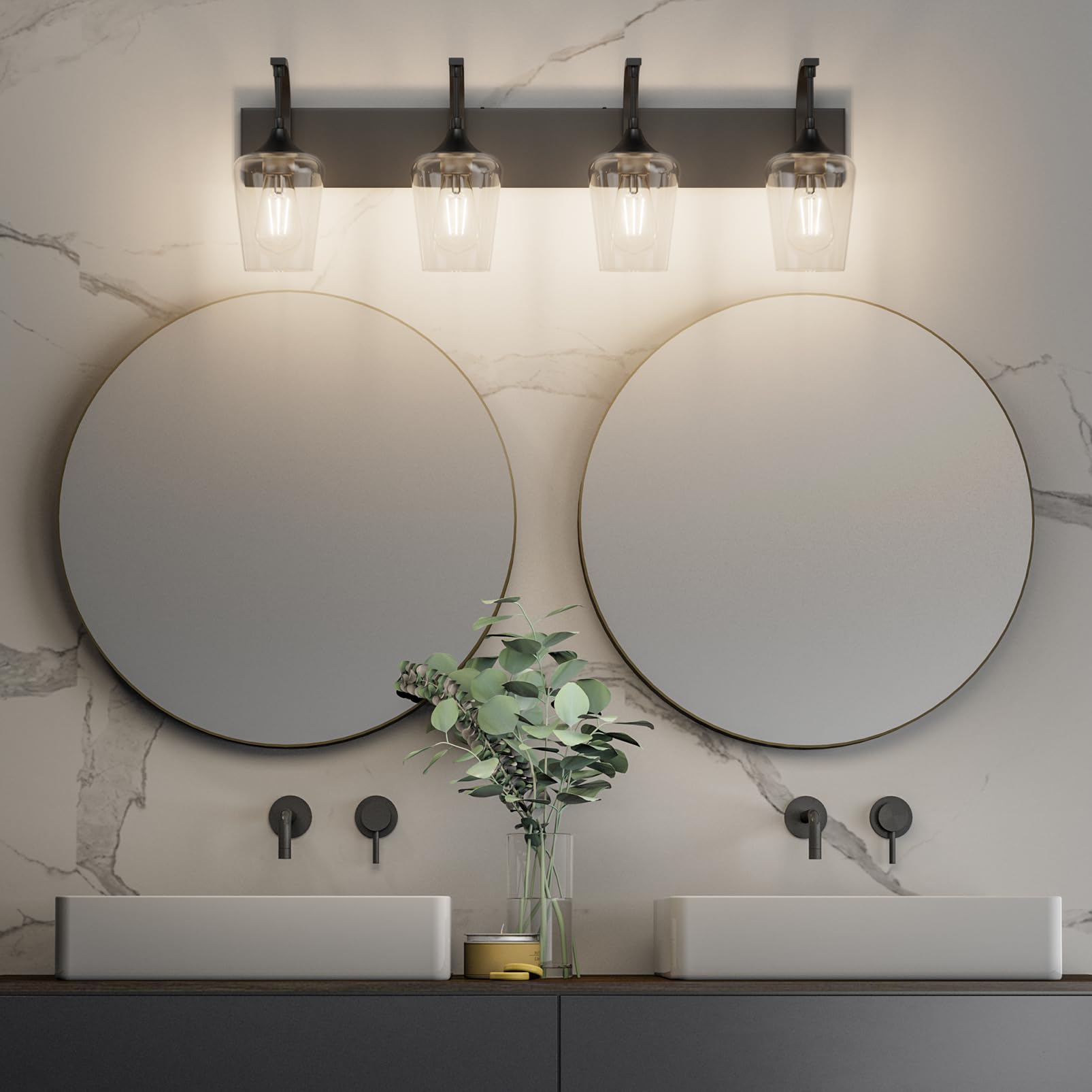 Matte Black Bathroom Vanity Light 4-Lights Industrial Black Vanity Lights Clear Glass Vintage Edison Matte Black Wall Mount Light Fixtures for Bathroom