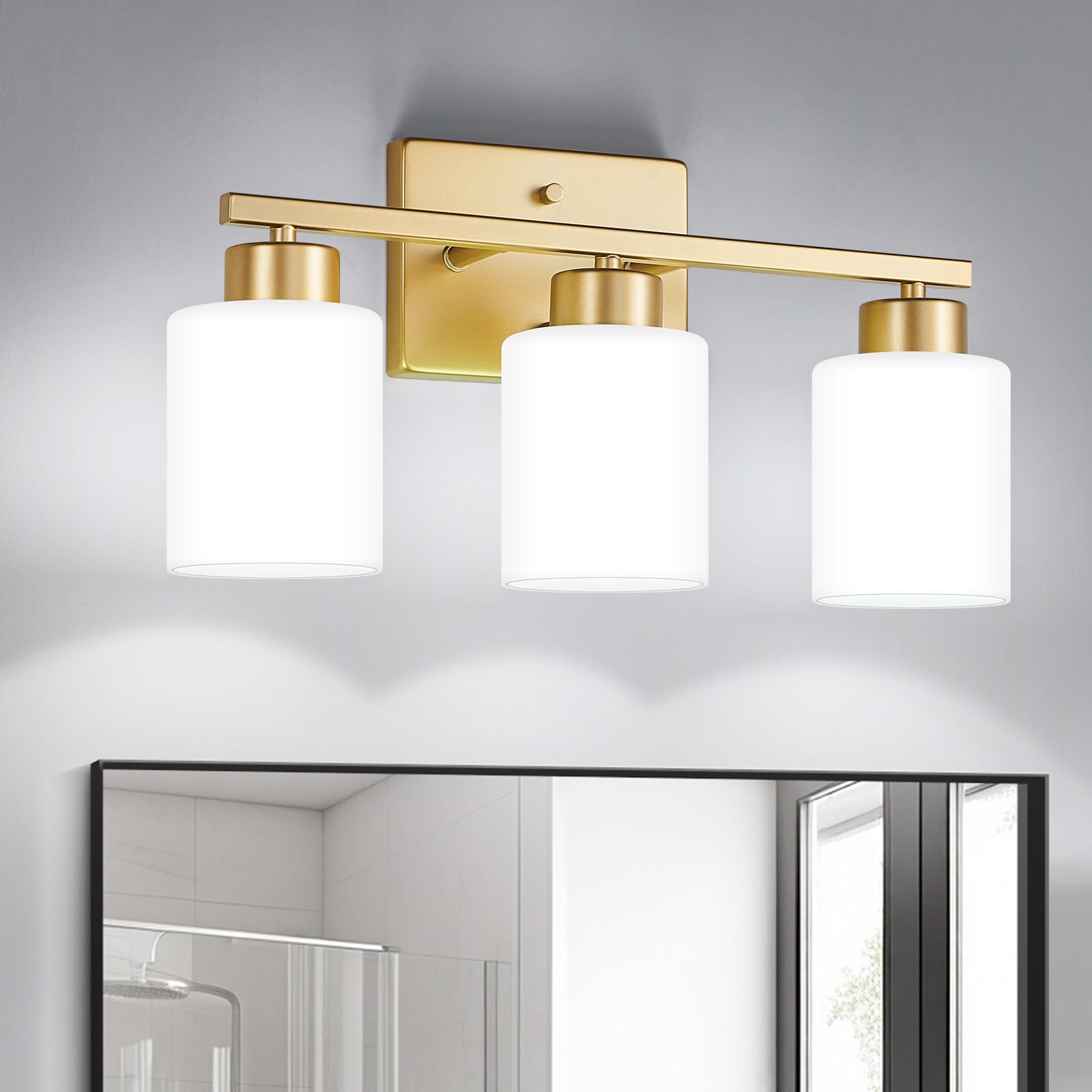 Brushed Nickel Bathroom Light Fixtures, 3-Light Modern Vanity Light Over Mirror, Wall Sconces with Milky White Frosted Glass Shades, E26 Socket (Bulbs Not Included)