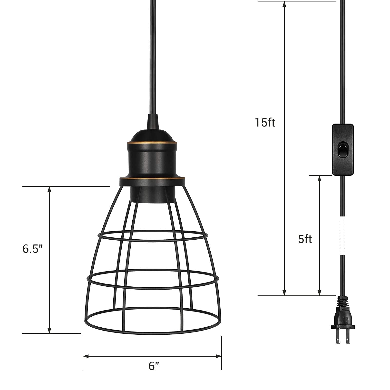 Plug in Pendant Light, Industrial Pendant Light Fixture, Farmhouse Pendant Lighting for Bedroom Kitchen Island Dining Room, 2 Pack, UL Listed