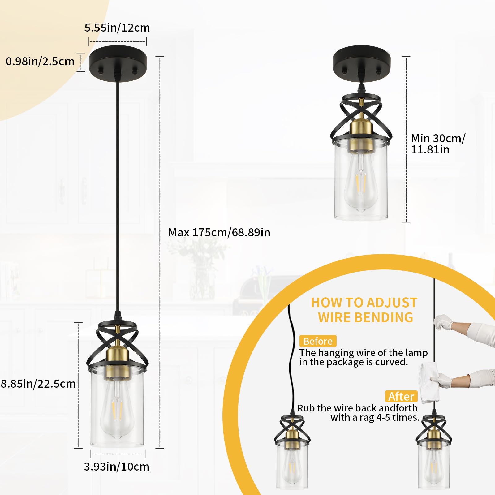 Modern Pendant Light Fixture Farmhouse Hanging Light with Clear Glass Shade, Industrial Black and Gold Pendant Lighting for Kitchen Island Dining Room Bedroom