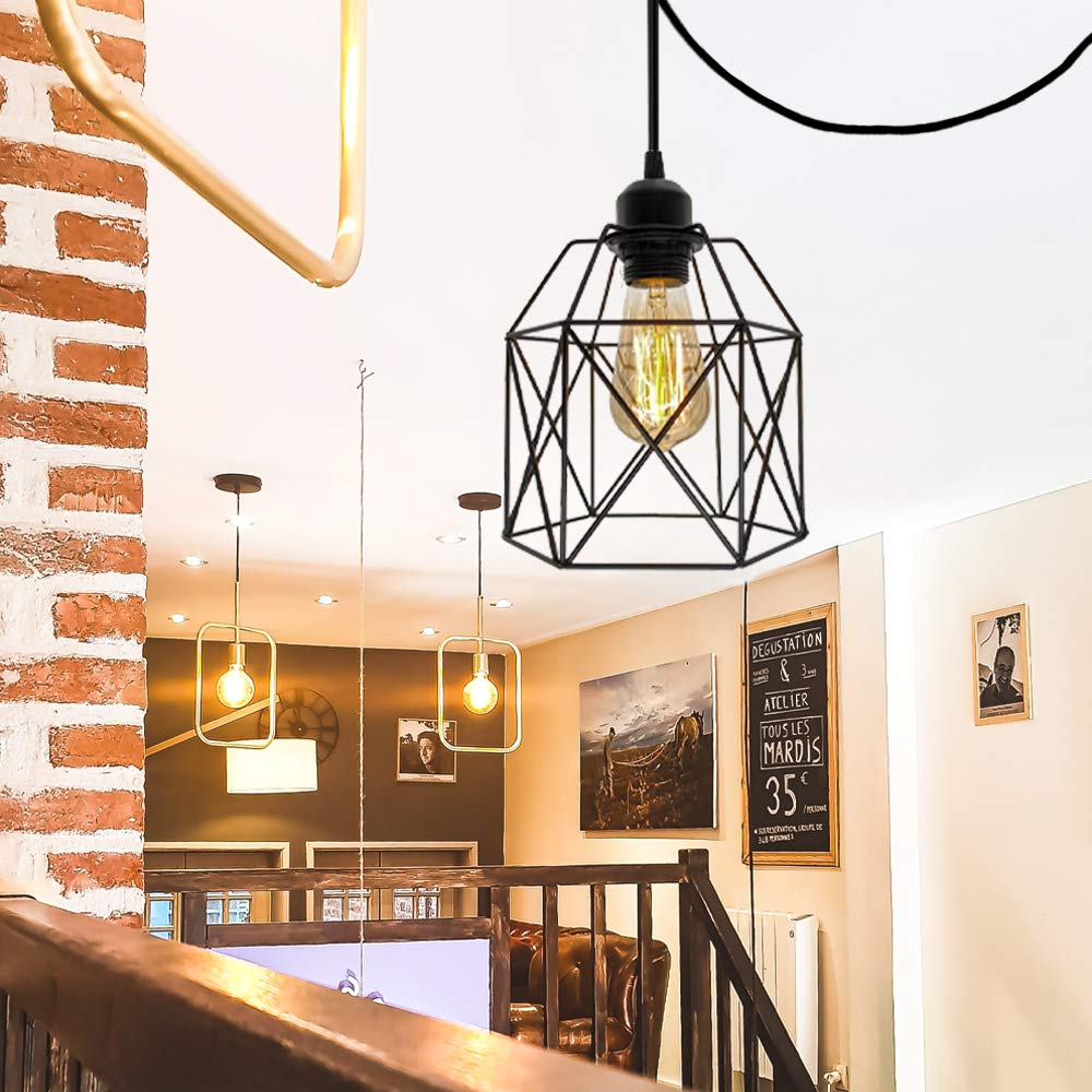 Industrial Plug in Pendant Light, Black Cage Pendant Light Fixture with On/Off Switch, E26 Socket Vintage Hanging Light, Farmhouse Pendant Lighting for Kitchen Living Room Dining Room