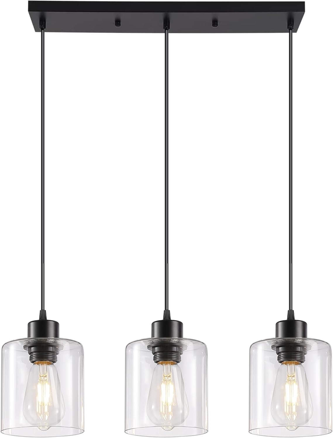 3-Light Pendant Light Fixtures with Clear Glass, Black Hanging Light Fixture for Ceiling, Adjustable Kitchen Island Light for Dinning Room, Bedroom,Hallway, E26 Base, Bulbs Not Included