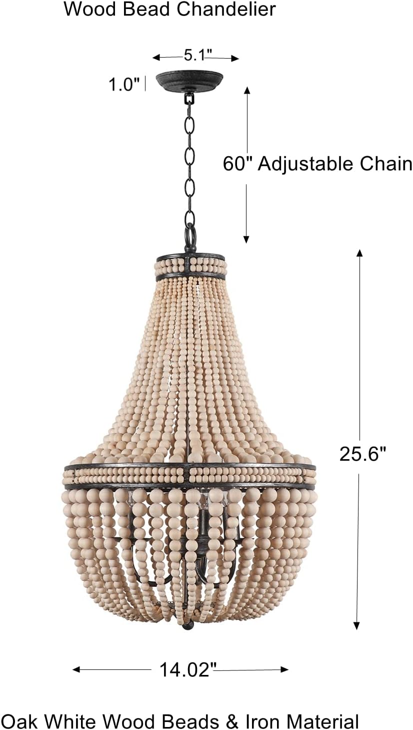 Farmhouse Wood Beaded Chandelier Boho Light Fixture, Oak White Wooden Bead Chandeliers Rustic Kitchen Island Hanging Pendant 3 Lights Fixtures for Dining&Living Room, Bedroom, Entryway