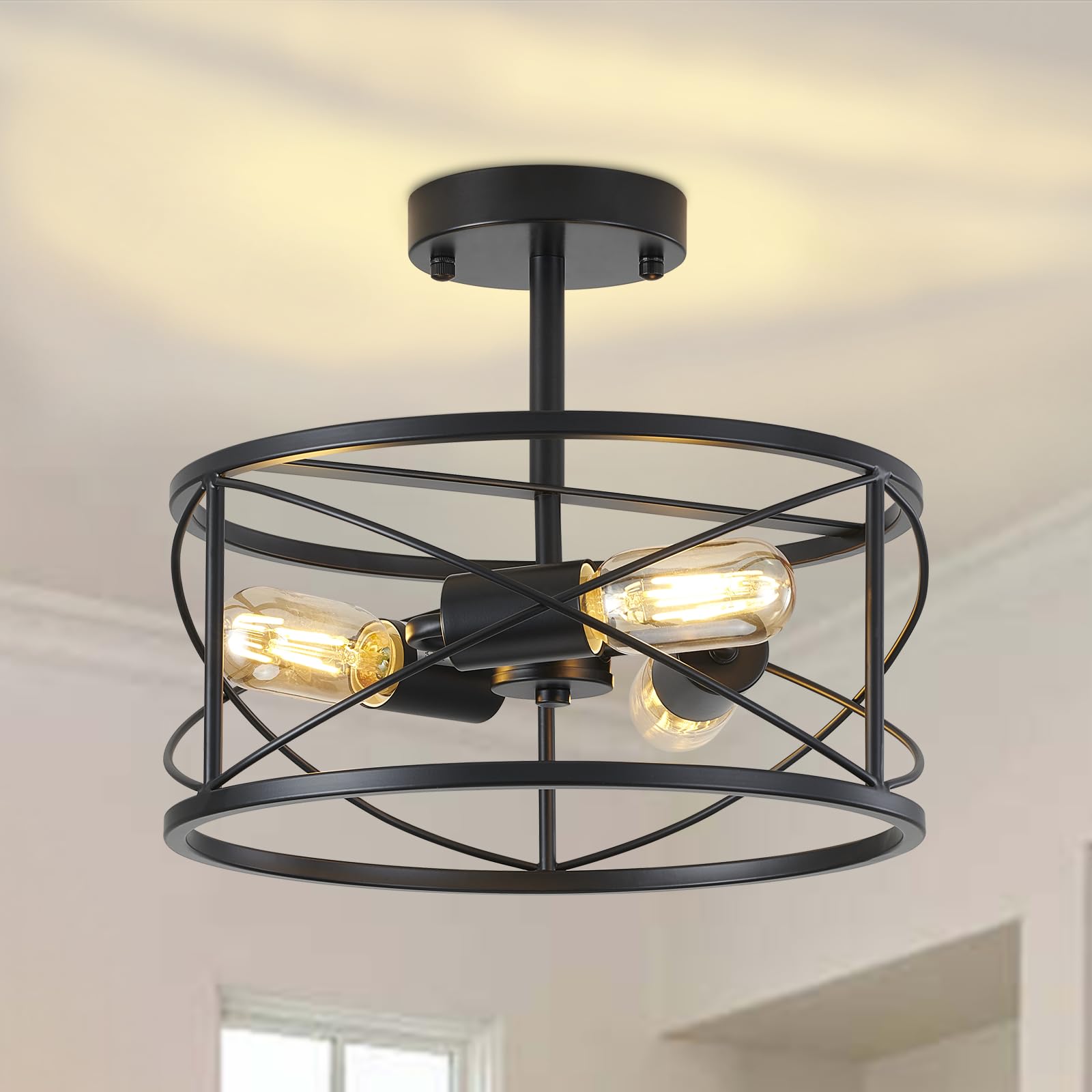 Semi Flush Mount Ceiling Light Chandelier,4-Light Ceiling Lighting Fixture,20" Farmhouse Style Flower Shape Hanging Light Fixtures Ceiling,Black(Bulbs NOT Included)