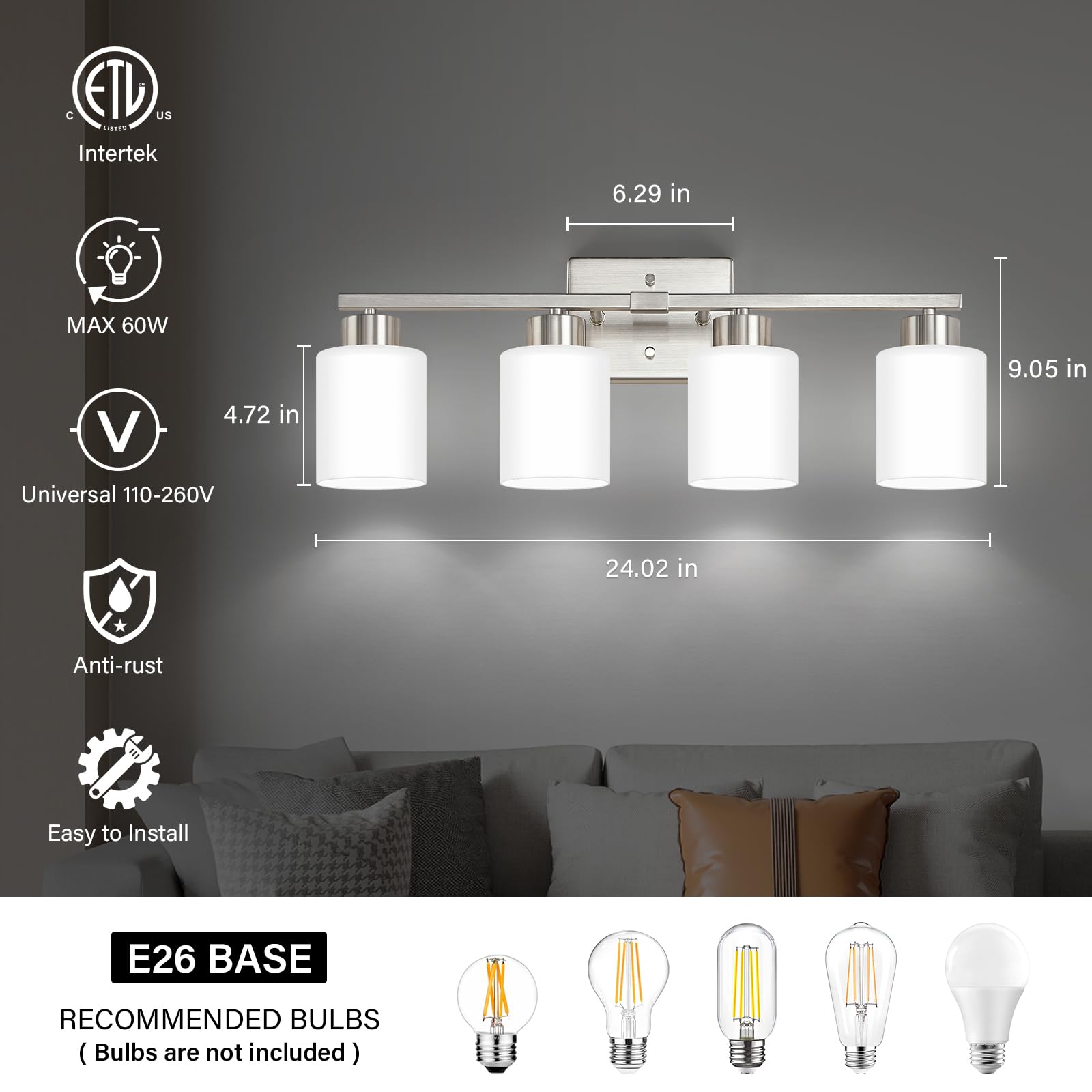 Brushed Nickel Bathroom Light Fixtures, 3-Light Modern Vanity Light Over Mirror, Wall Sconces with Milky White Frosted Glass Shades, E26 Socket (Bulbs Not Included)