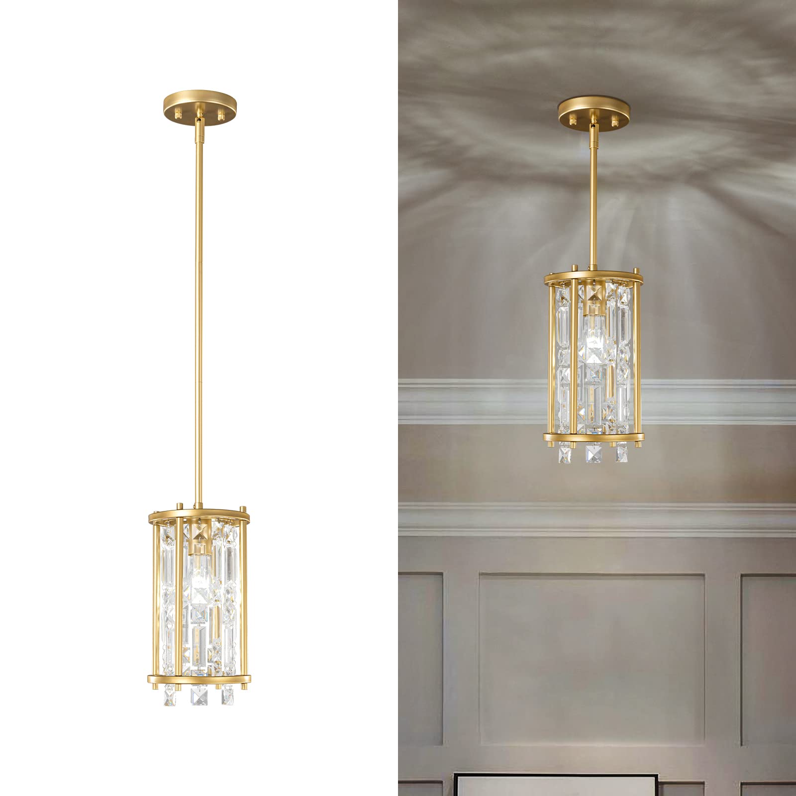 4-Light Dining Room Light Fixture 11.81 inch Square Lndustrial Farmhouse Chandelier Gold Metal Crystal Pendant Light for Kitchen Island Dining Room Living Room Flat and Inclined Ceiling