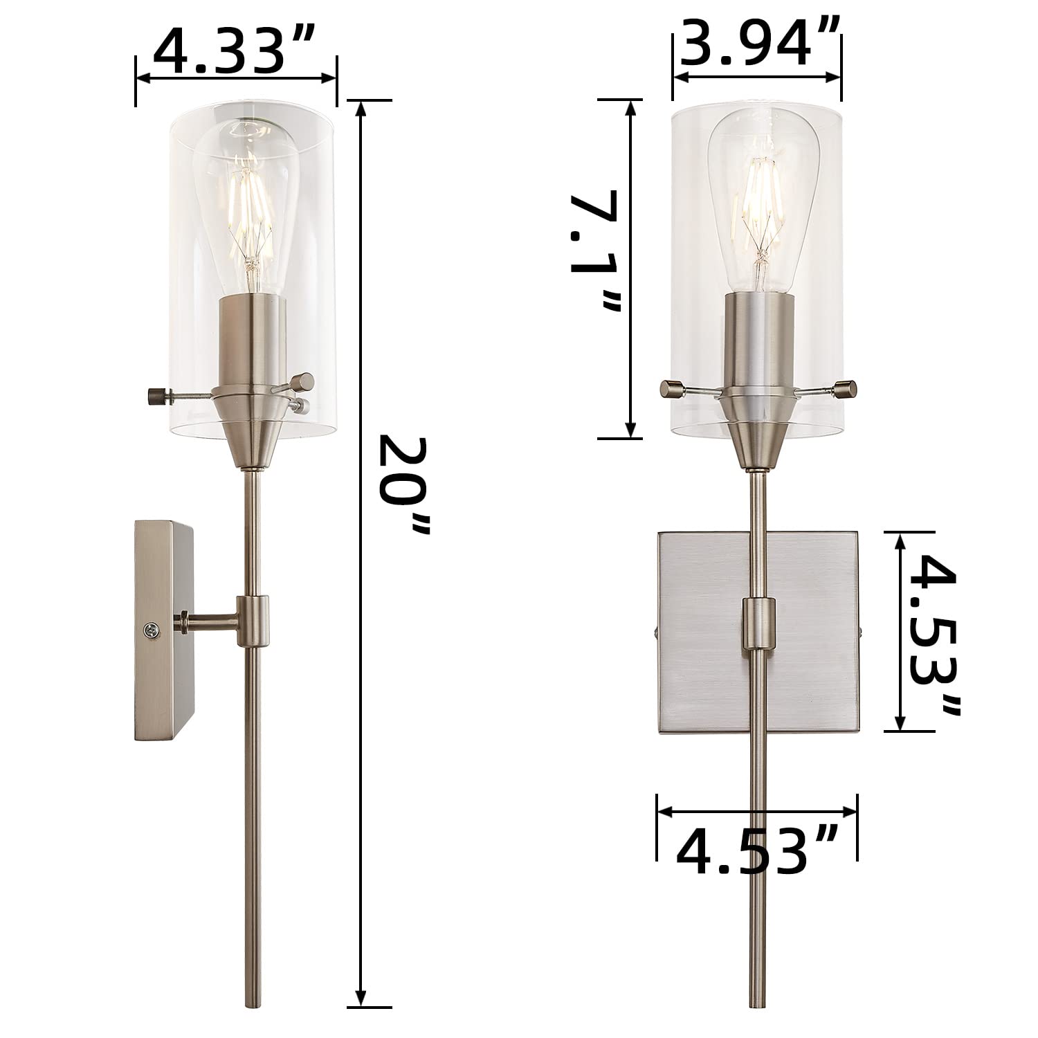 Brushed Nickel Wall Sconces Set of Two, Modern Bathroom Wall Sconce Vanity Light Fixtures with Clear Glass, Hardwired Wall Lamps Industrial Sconces Wall Lighting for Living Room Corridor Bedroom