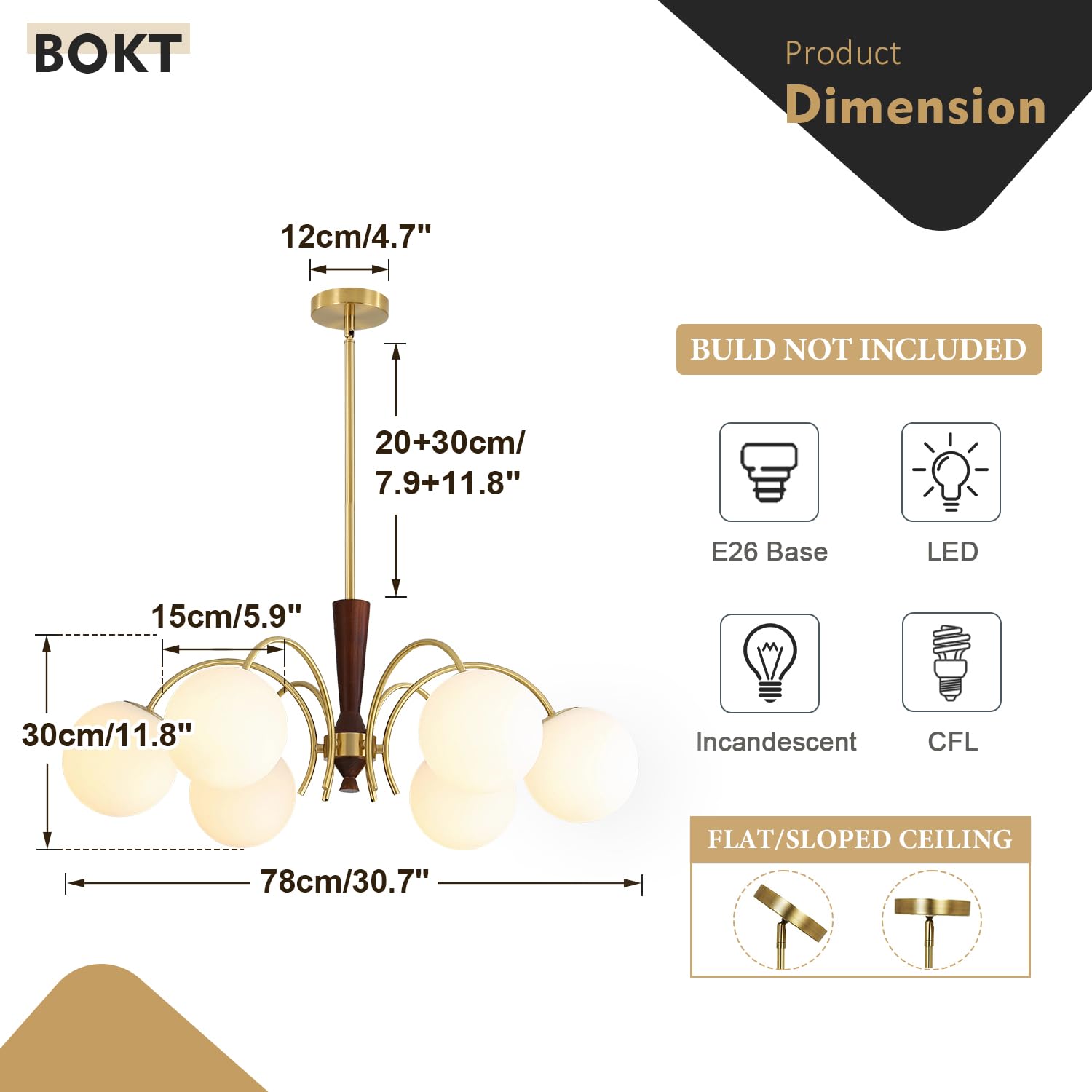 BOKT Mid Century Milk Glass Chandelier Gold G9 Ceiling Chandelier Light Industrial Metal Adjustable Pendant Lighting Farmhouse Large Globe Flush Mount Light Fixture for Dining Room Kitchen Indoor