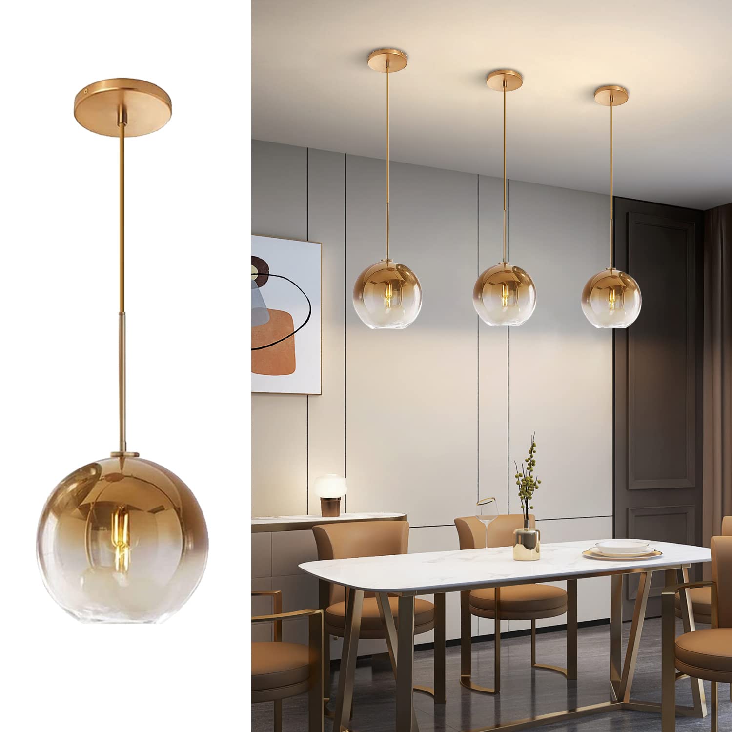 KCO Lighting 3 Light Globe Cluster Pendant Light Modern Glass Cluster Chandelier Gold Glass Pendant Light Fixture Mid Century Dining Room Chandelier Multi Pendant Light Fixture