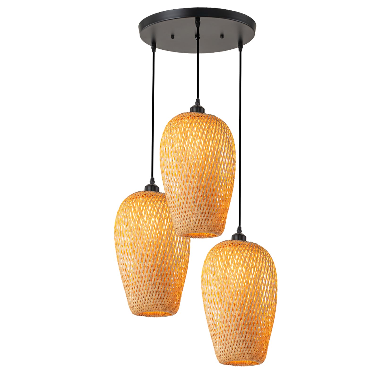 Rattan Pendant Light Bamboo Hanging Light 3-Lights Boho Pendant Light Fixture Woven Basket Wicker Shade Rattan Chandelier for Living Room Dining Room Kitchen