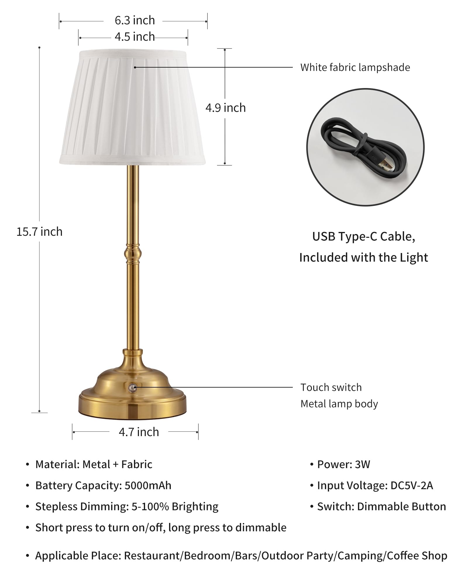 KDG Portables Cordless Table Lamp, Fabric Shade Desk Lamp, 5000mAh Rechargeable Battery Powered Lighting, Dimmable Light for Dining Room, Bedroom, Bedside, Bar, Night Light, Camping, Balcony (Bronze)