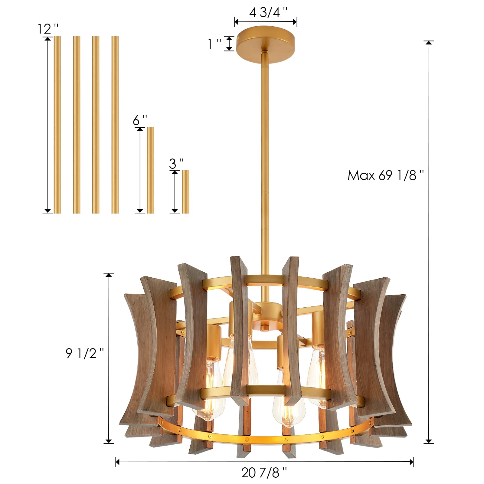 Industrial Wood Chandelier, with Antique Brass Brush Paint Finish Shade Pendant Lighting Fixture for Dining Room Kitchen Island Living Room Bedroom 4-Light